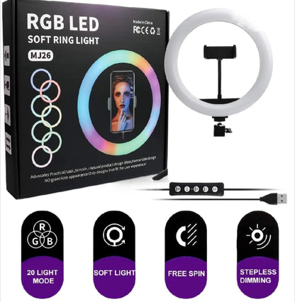 RGB Ring Light 26CM MJ26 with 7ft Stand | Mobile Holder for Photography