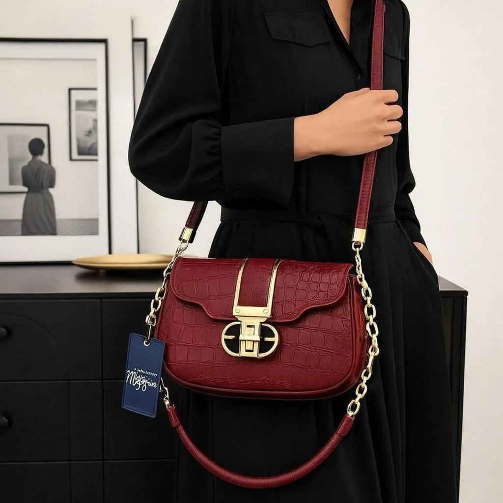 Croc Embossed Shoulder Bag Black | Faux Leather Chain Strap Handbag