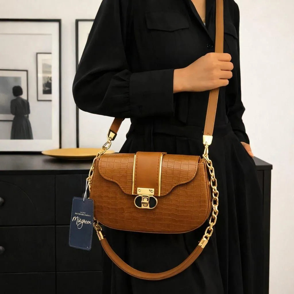 Croc Embossed Shoulder Bag Black | Faux Leather Chain Strap Handbag