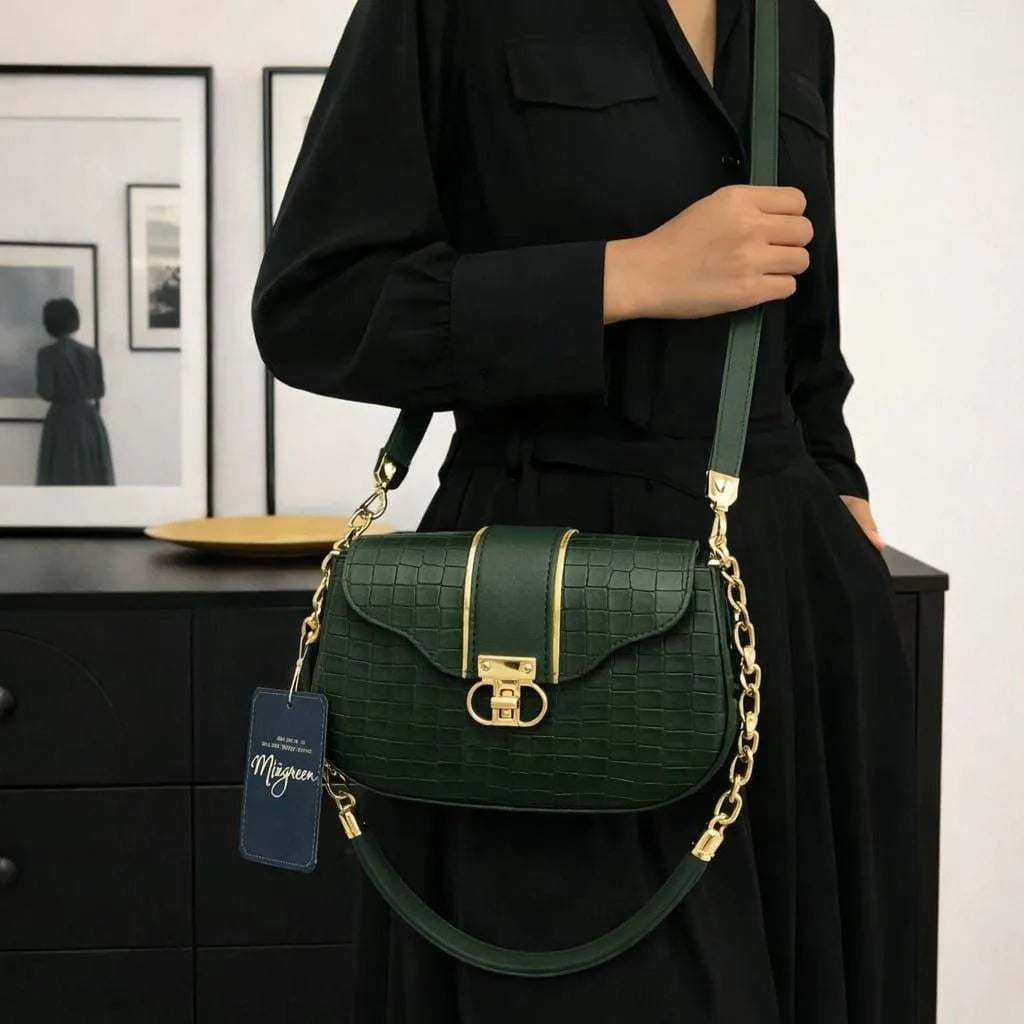 Croc Embossed Shoulder Bag Black | Faux Leather Chain Strap Handbag