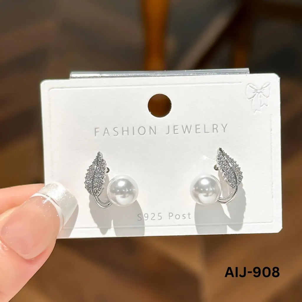 Korean Leaf Pearl Earrings | Silver Gold Post Back Earrings