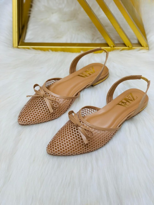 Pointed Toe Mesh Slingback Flats Mustard 36 | Stylish Bow Shoes