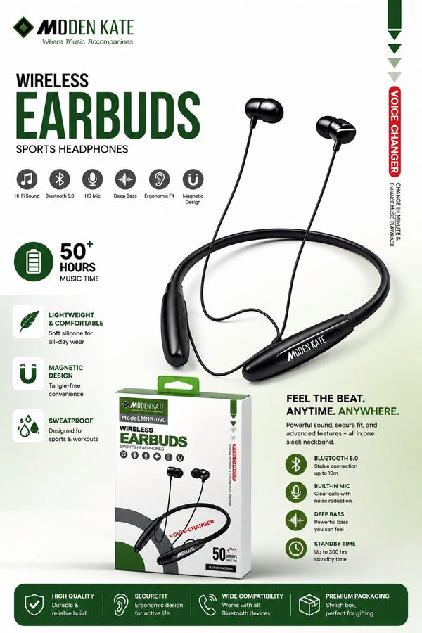 Modern K8 Neckband Wireless Earphones | Bluetooth 5.2 | Deep Bass | Long Battery