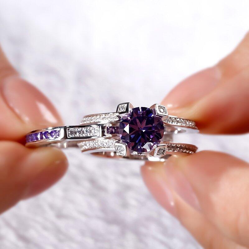 Luxury Purple Amethyst Bridal Ring Set | White Gold Engagement Rings