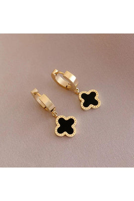 1 Carat Gold Clover Earrings Black Stone | Women Fashion Jewelry