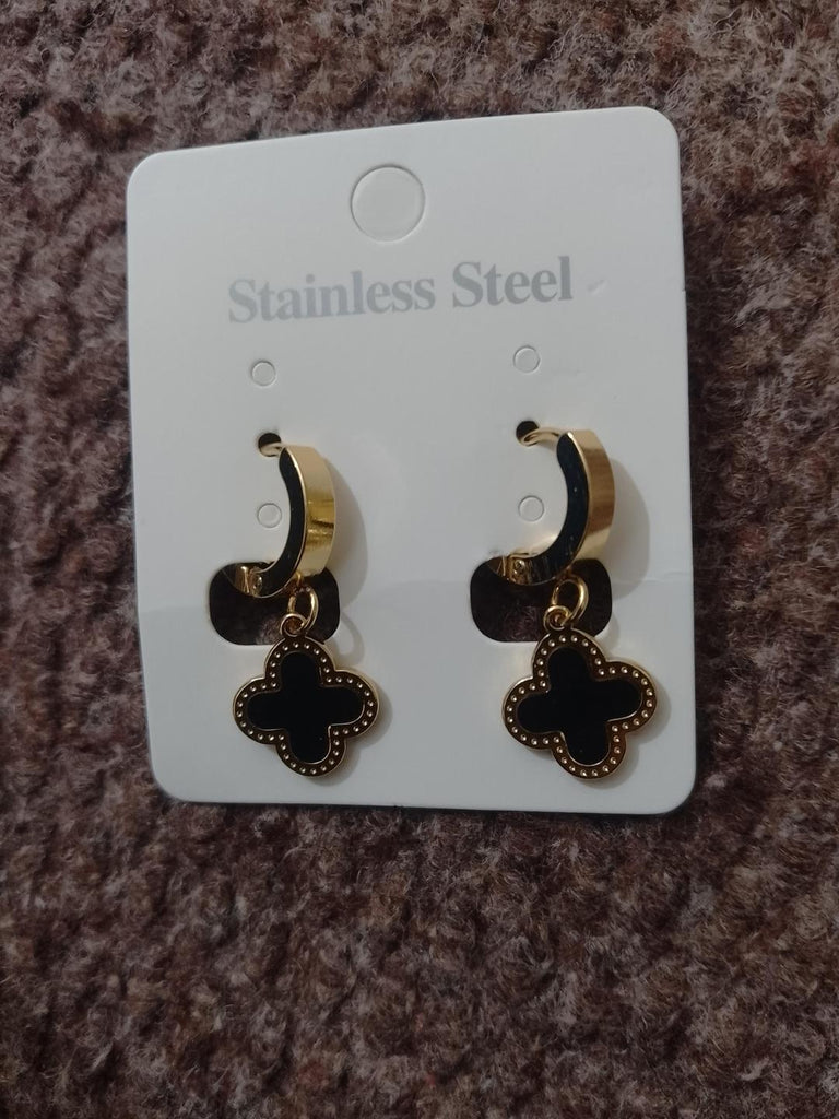 1 Carat Gold Clover Earrings Black Stone | Women Fashion Jewelry