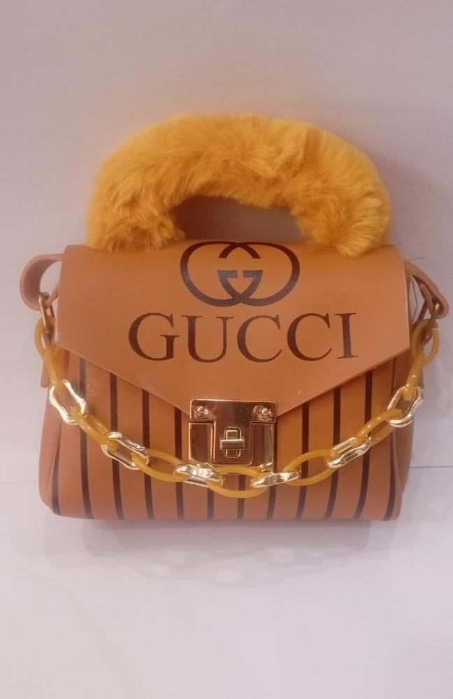 Mustard Furry Handbag | Rexine Gold Chain Stylish Bag