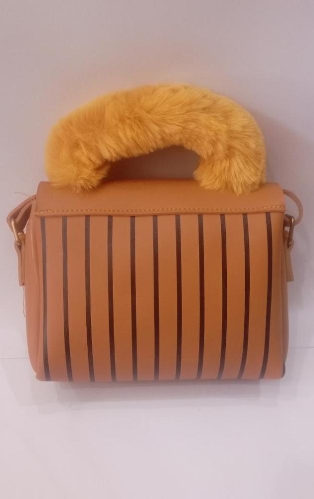 Mustard Furry Handbag | Rexine Gold Chain Stylish Bag