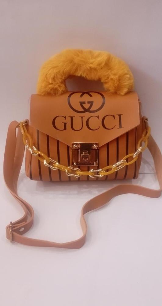 Mustard Furry Handbag | Rexine Gold Chain Stylish Bag