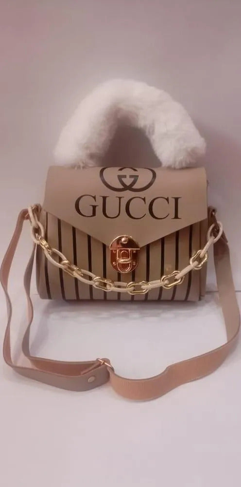 Mustard Furry Handbag | Rexine Gold Chain Stylish Bag