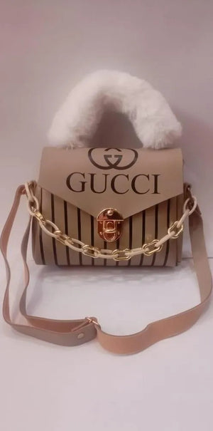 Mustard Furry Handbag | Rexine Gold Chain Stylish Bag