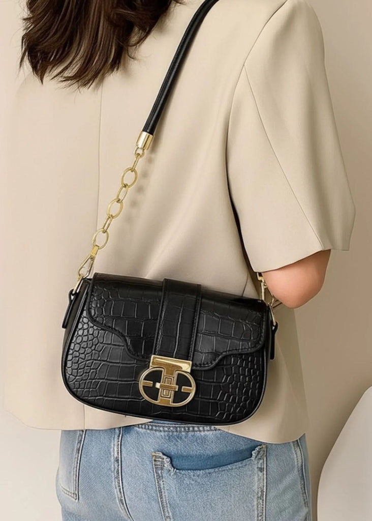 Croc Embossed Shoulder Bag Black | Faux Leather Chain Strap Handbag