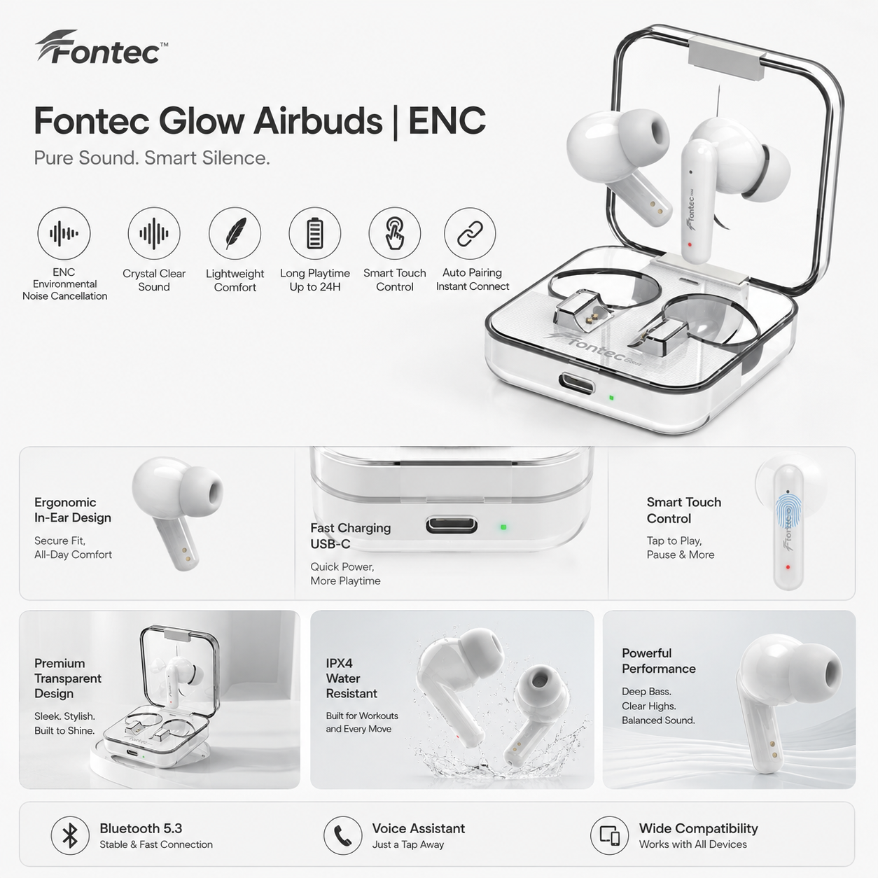 Fontec Glow Airbuds | ENC Gaming Wireless Earbuds with LED Display