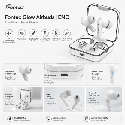 Fontec Glow Airbuds | ENC Gaming Wireless Earbuds with LED Display