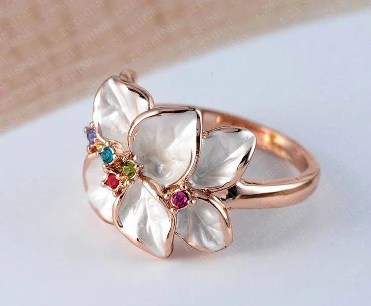 Black Floral Statement Ring Women Rose Gold Crystal