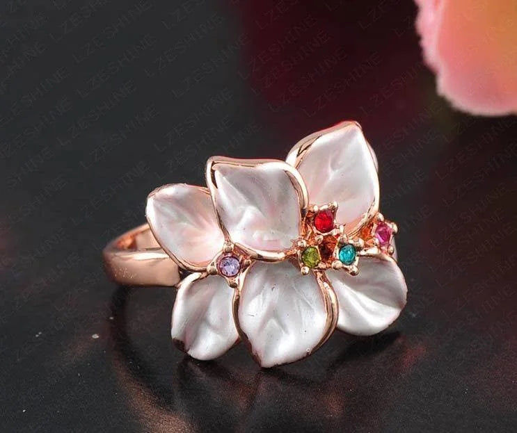 Black Floral Statement Ring Women Rose Gold Crystal
