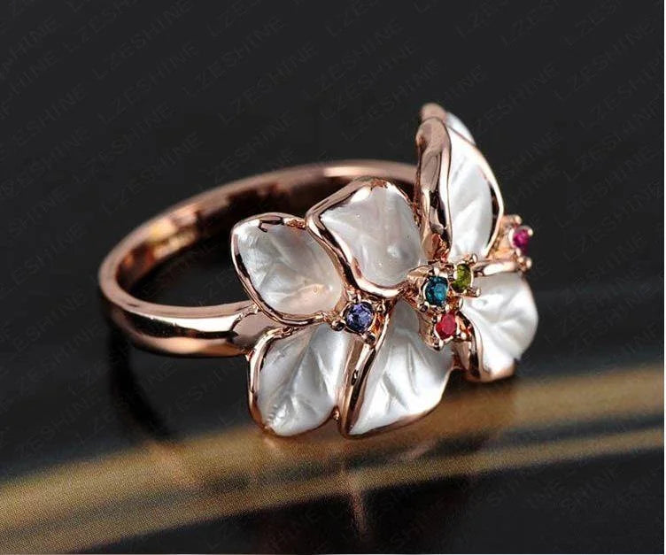 Black Floral Statement Ring Women Rose Gold Crystal