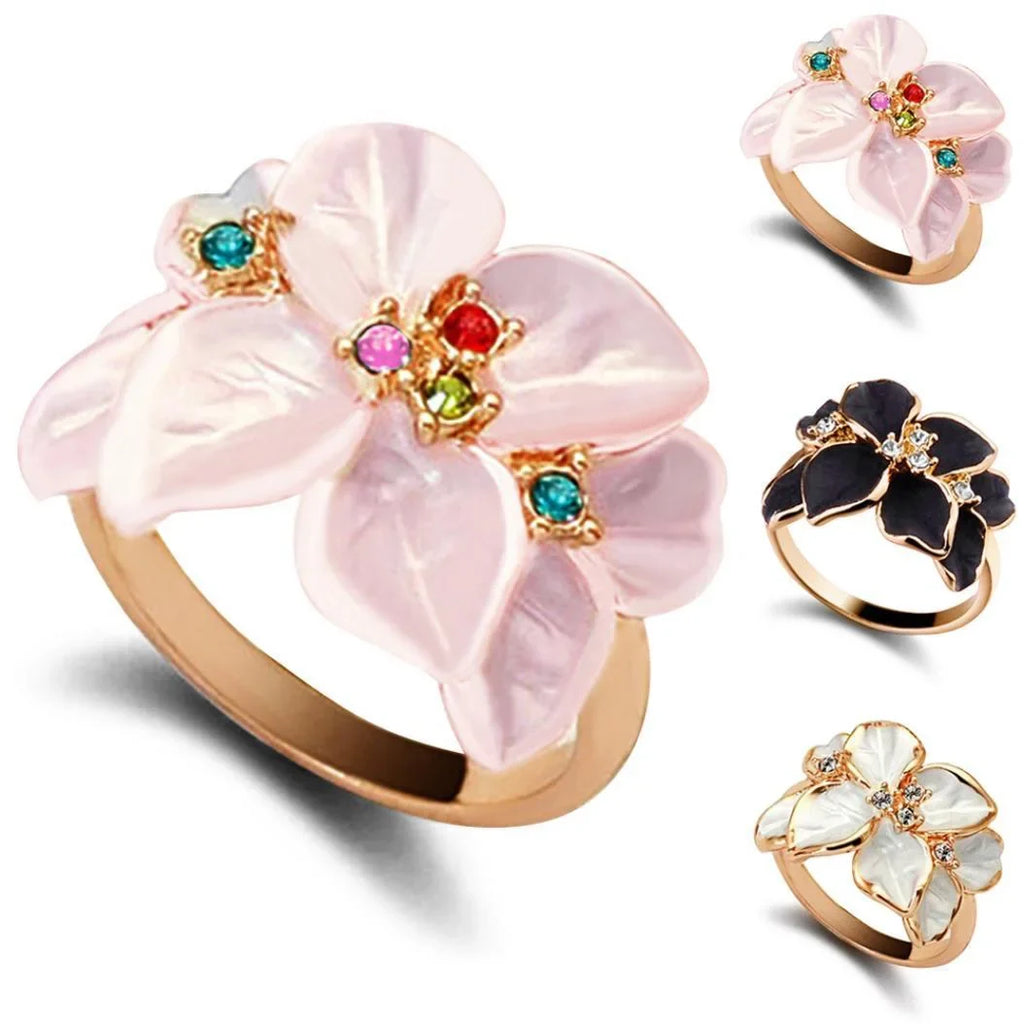 Black Floral Statement Ring Women Rose Gold Crystal