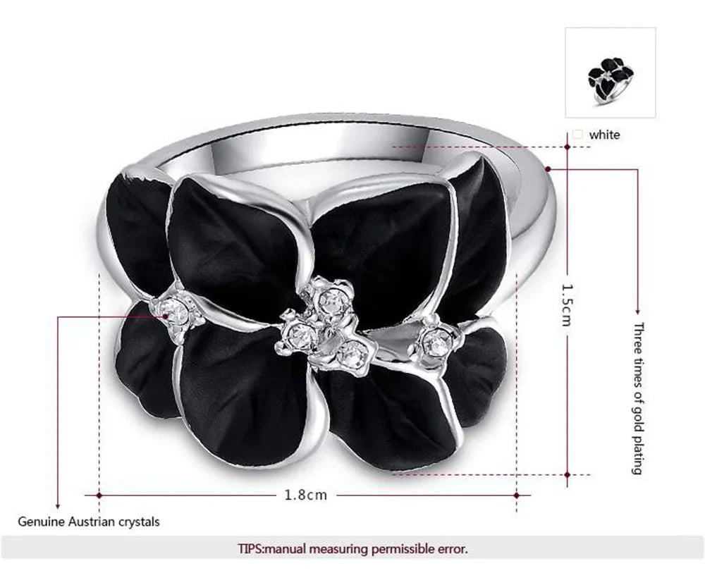 Black Floral Statement Ring Women Rose Gold Crystal
