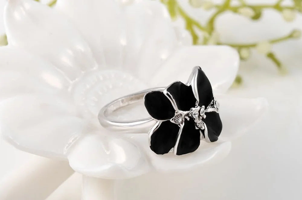 Black Floral Statement Ring Women Rose Gold Crystal