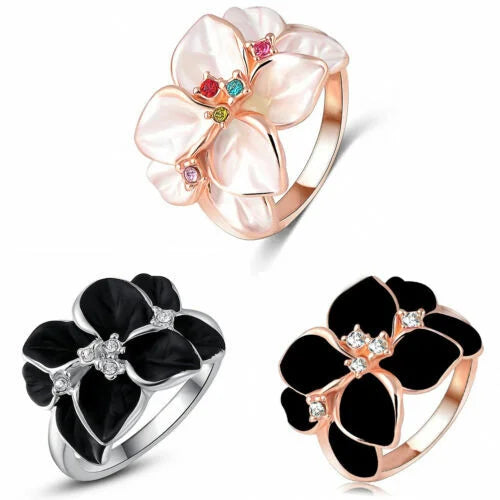Black Floral Statement Ring Women Rose Gold Crystal