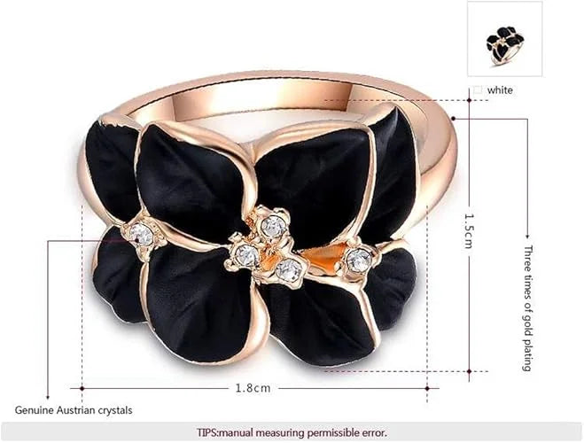 Black Floral Statement Ring Women Rose Gold Crystal