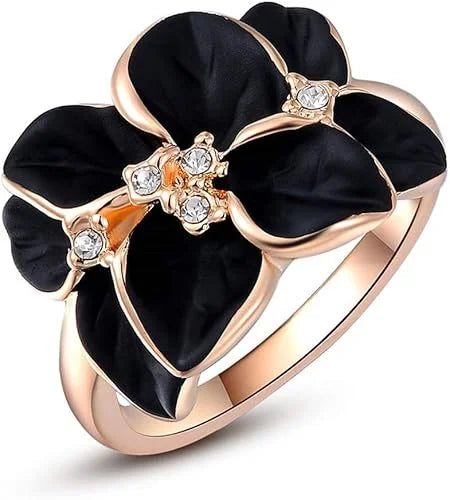 Black Floral Statement Ring Women Rose Gold Crystal