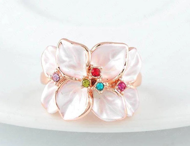 Black Floral Statement Ring Women Rose Gold Crystal