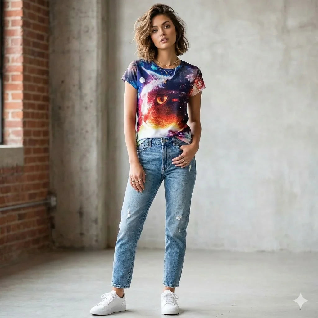 Celestial Space Cat T-Shirt Galaxy Graphic Print Tee
