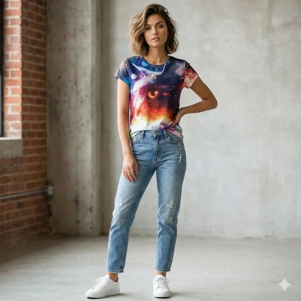 Celestial Space Cat T-Shirt Galaxy Graphic Print Tee