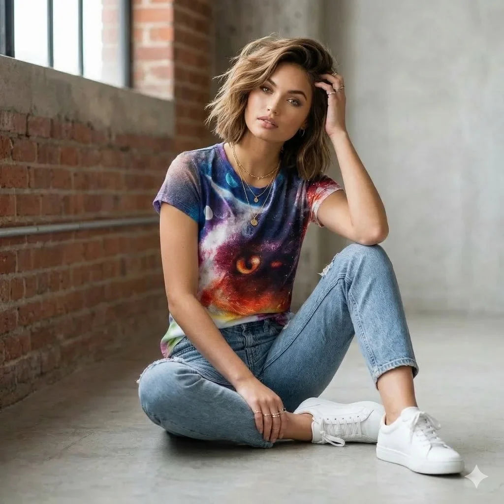 Celestial Space Cat T-Shirt Galaxy Graphic Print Tee