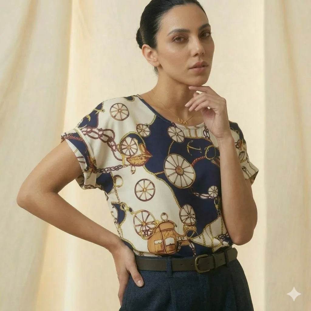 LIVA Nautical Vintage Chain Carriage Chiffon Blouse