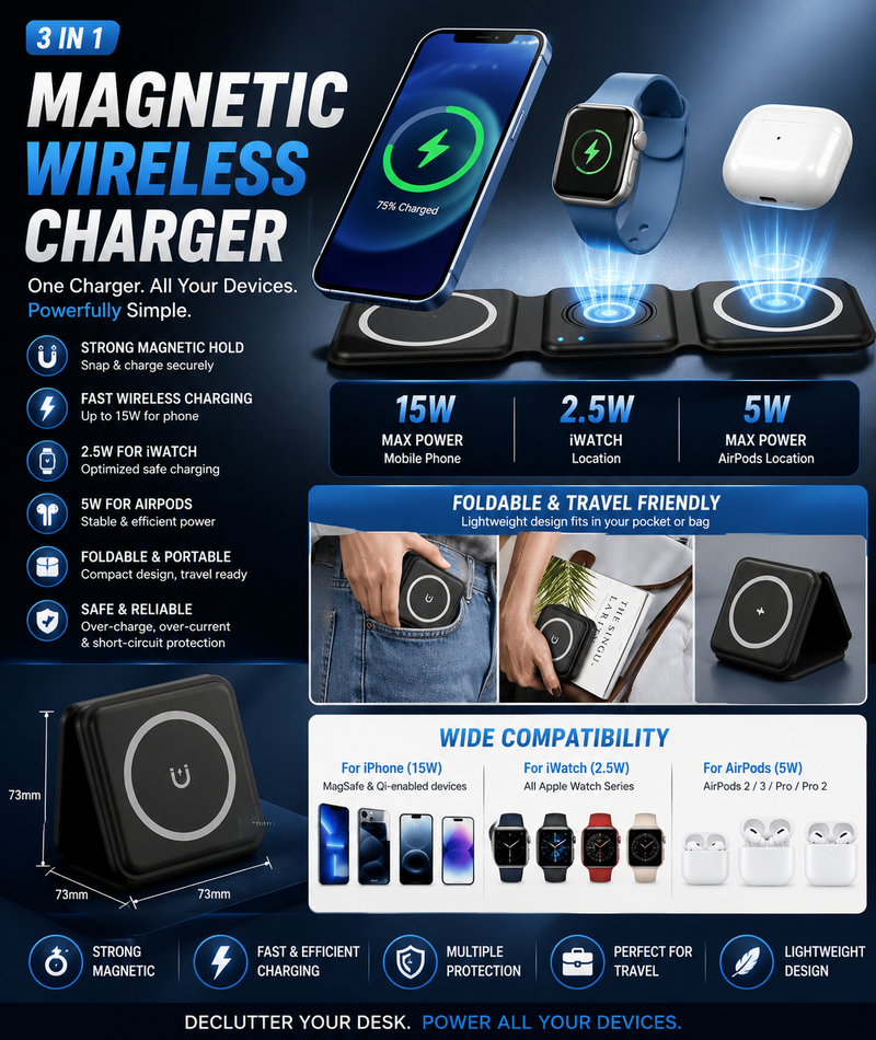 3 in 1 Magnetic Wireless Charger 15W Fast Charging
