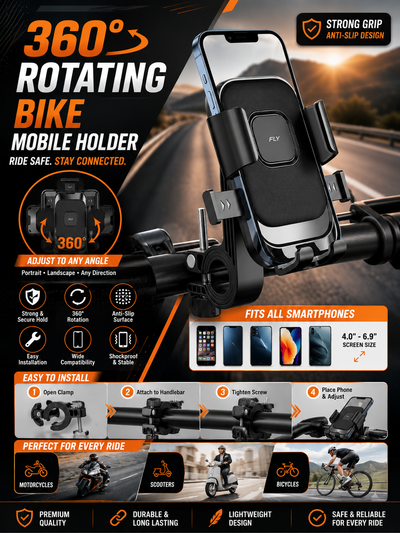 FLY PT-030 Universal Bike Phone Holder | 360° Adjustable Mount