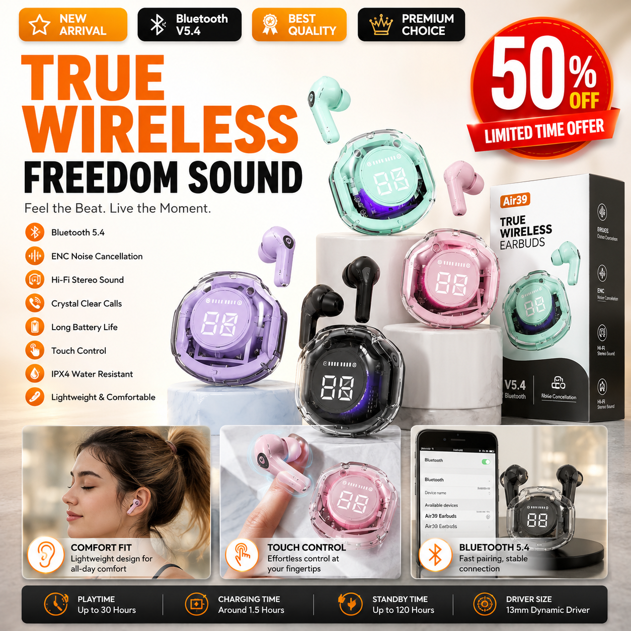 Air 39 Wireless Earbuds Bluetooth 5.1 | HD Sound | Touch Control | Compact Design