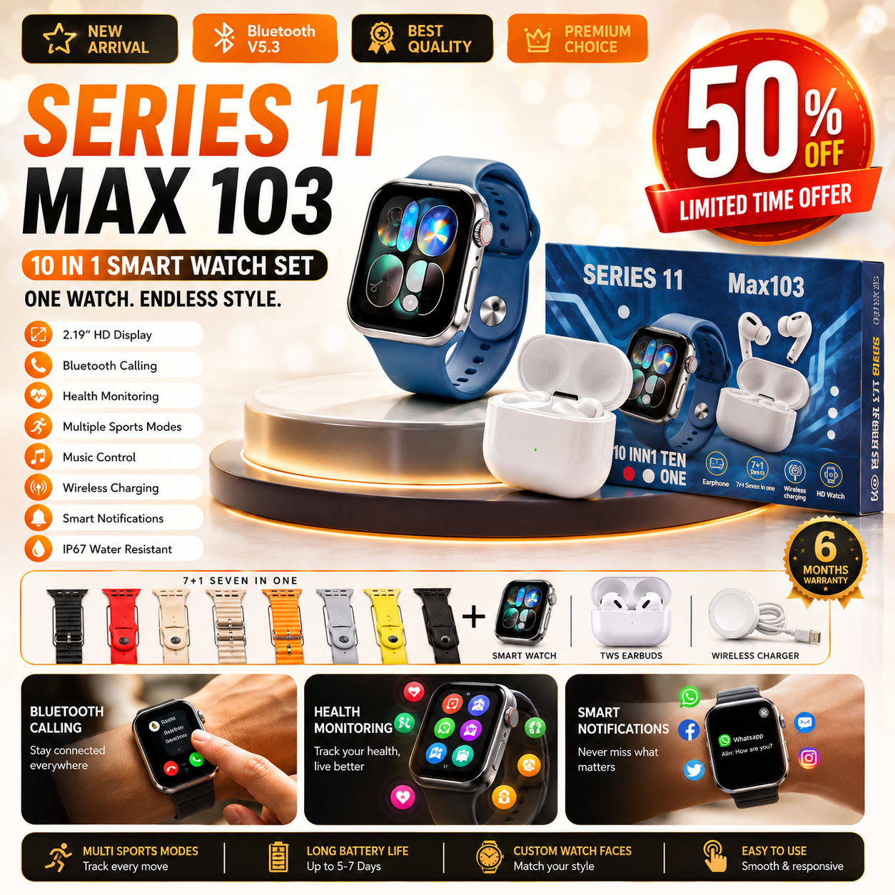 10-in-1 Smartwatch with Wireless Earbuds Combo