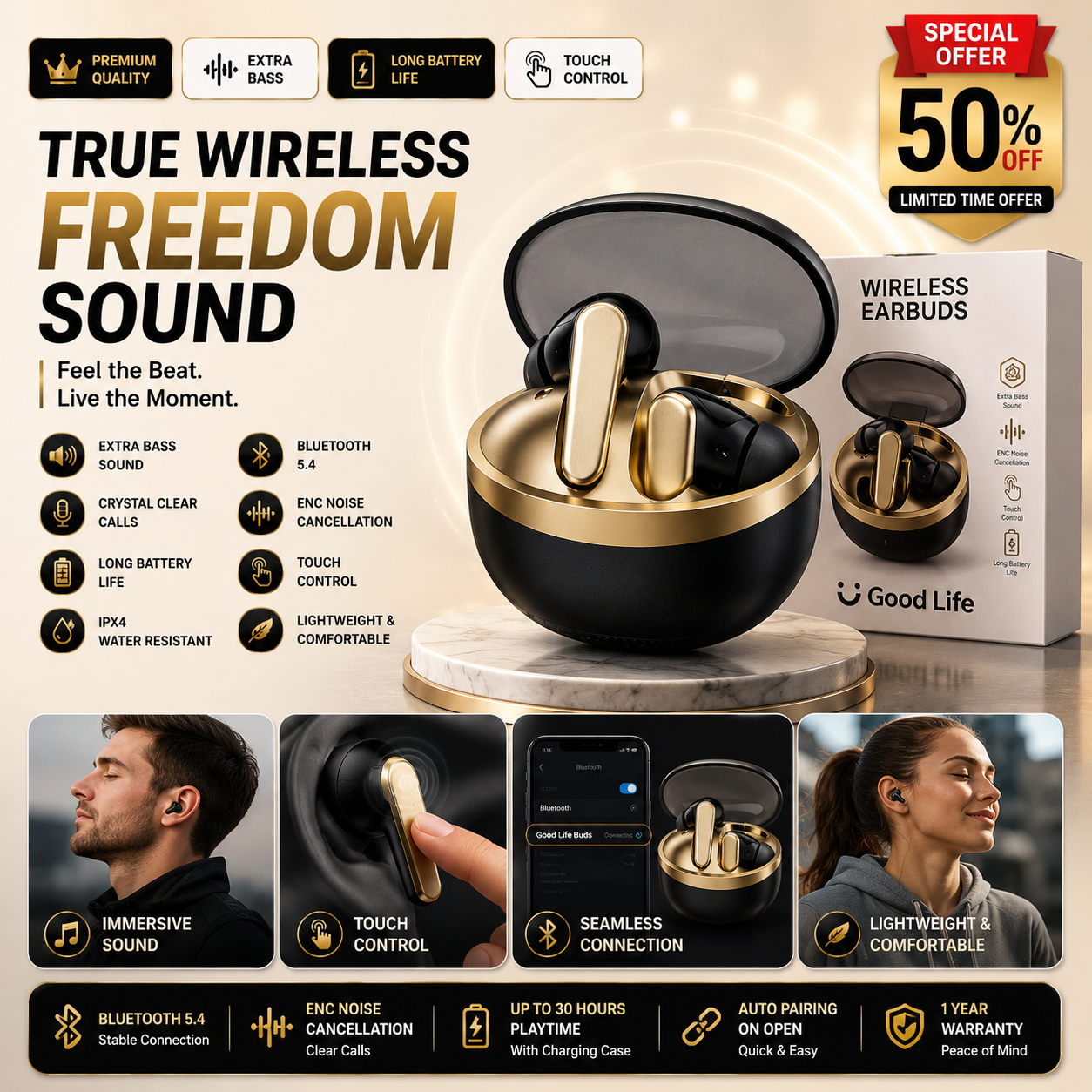 Good Life Wireless Earbuds Bluetooth 5.2 | HD Sound | Touch Control | Long Battery