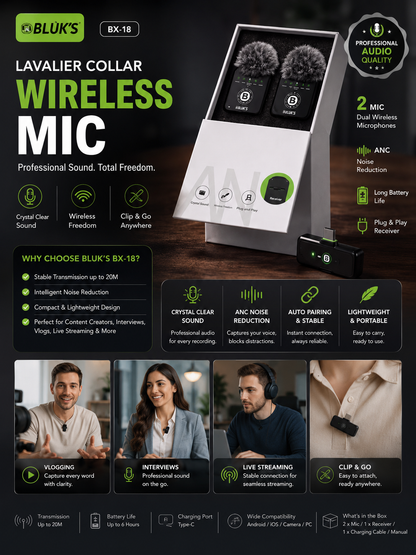 BX-18 Wireless Lavalier Collar Microphone | Bluetooth Mic | Clear Voice Recording