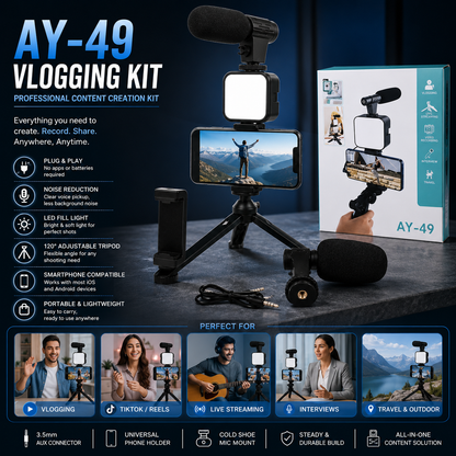 AY-49 Vlogging Kit | Portable Video Recording Kit with LED Light & Mic