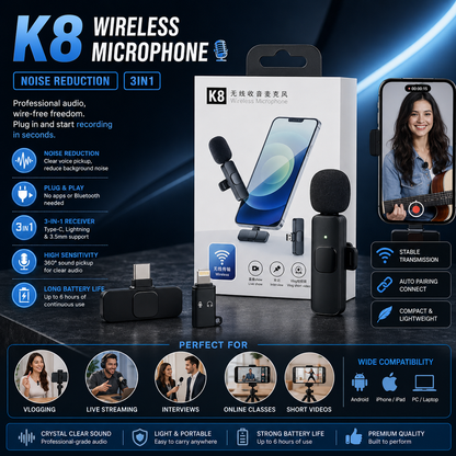 K8 Wireless Microphone | K8 Mic for Mobile | Type-C / iPhone Compatible | Noise Reduction