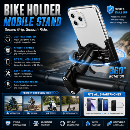 Bike Mobile Holder Stand | 360° Rotation | Anti-Slip Grip | Universal Motorcycle Mount