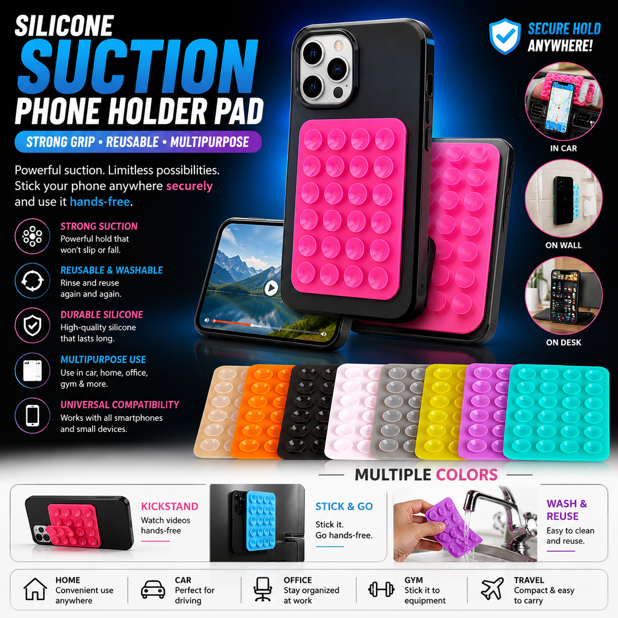 Silicone Phone Holder Suction Cup Sticky Mount pack of 3