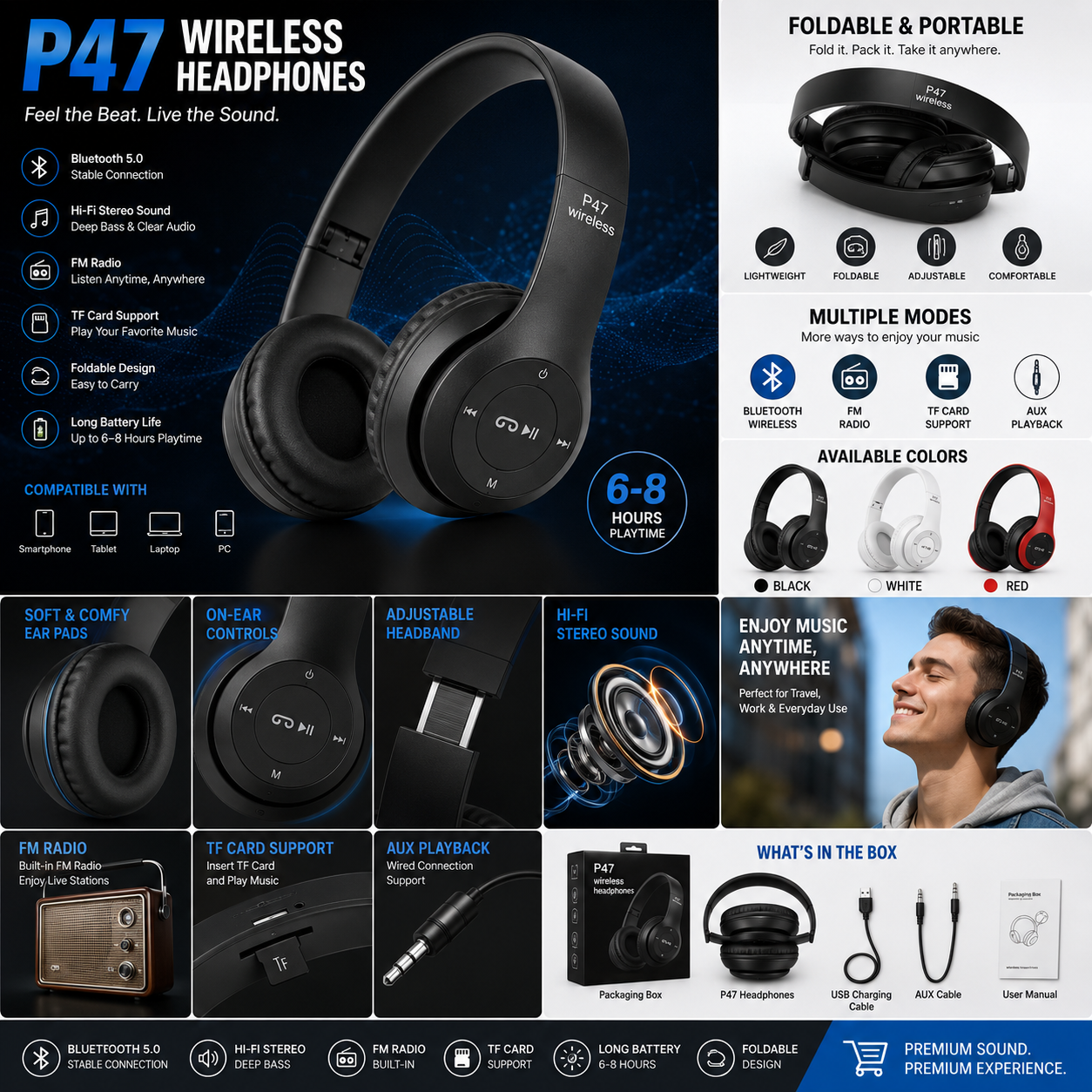 P47 Wireless Headphones | Bluetooth Foldable Headset | Stereo Sound | FM Radio & TF Card Support