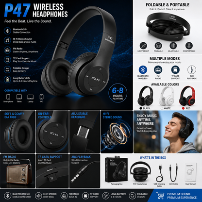 P47 Wireless Headphones | Bluetooth Foldable Headset | Stereo Sound | FM Radio & TF Card Support