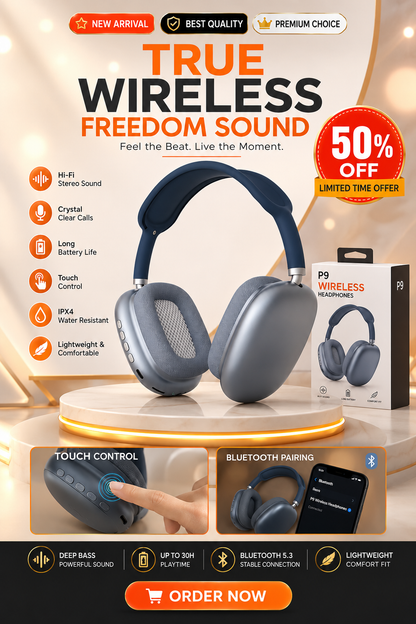 P9 Wireless Bluetooth Headphones | Deep Bass Sound | Comfortable Fit & Long Battery