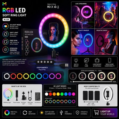 RGB Ring Light 26CM MJ26 with 7ft Stand | Mobile Holder for Photography