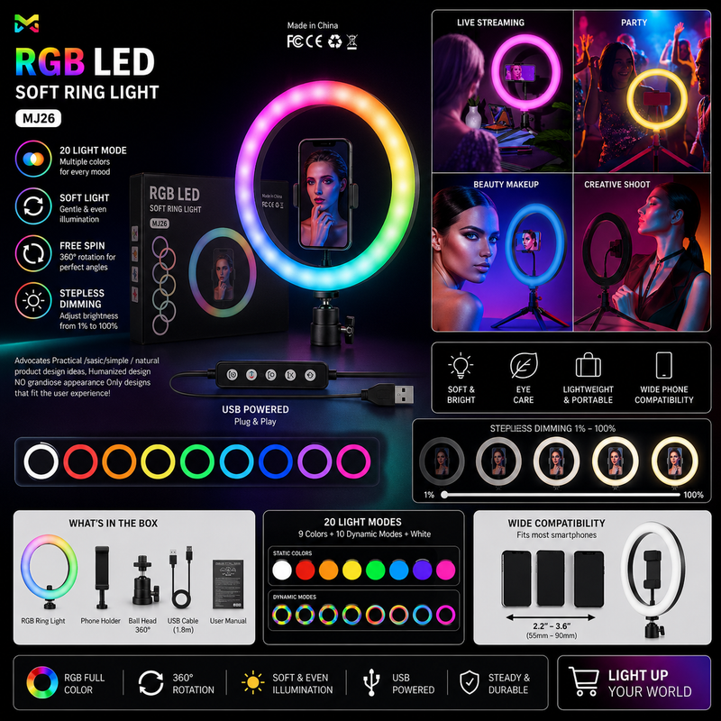RGB Ring Light 26CM MJ26 with 7ft Stand | Mobile Holder for Photography