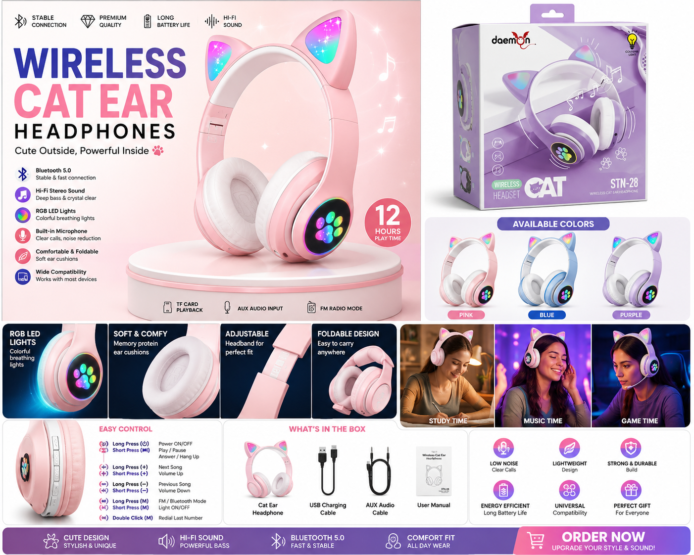 Cat Ear LED Headphones | Multicolor Wireless Headphones for Teens