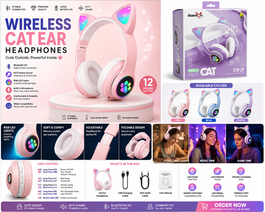Cat Ear LED Headphones | Multicolor Wireless Headphones for Teens