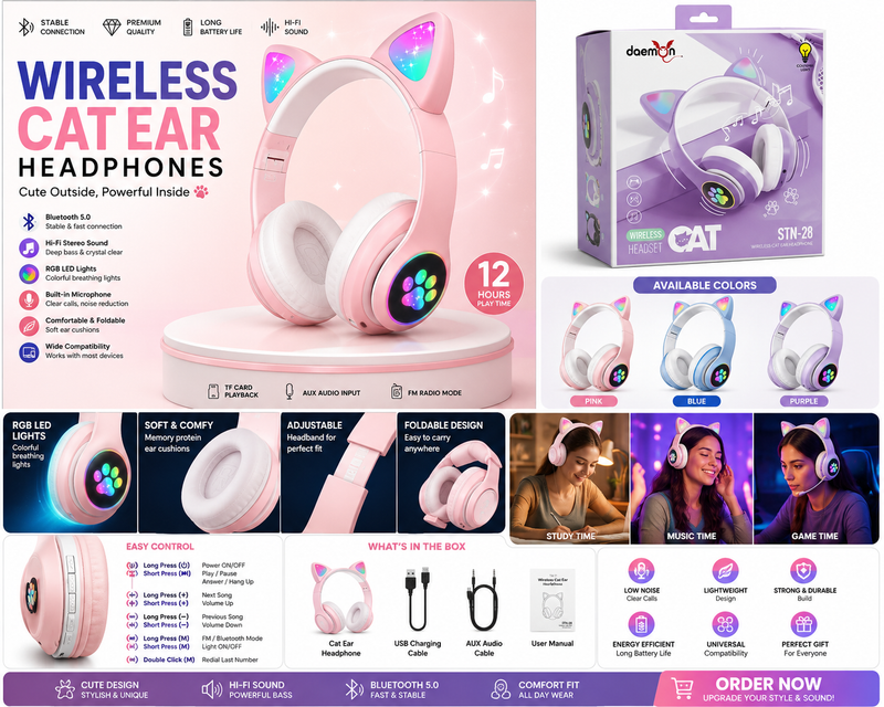 Cat Ear LED Headphones | Multicolor Wireless Headphones for Teens
